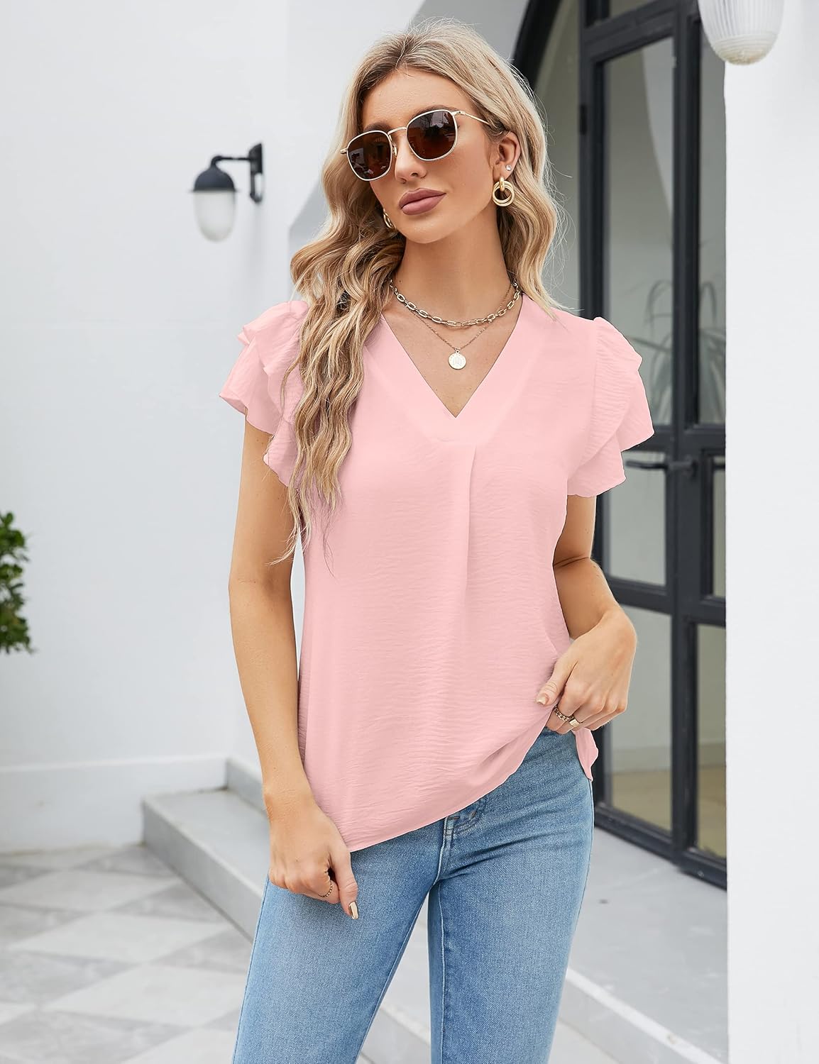 Blooming Jelly Womens Dressy Casual Shirts Short Sleeve V Neck Work Blouse Business Casual Summer Tops 2025