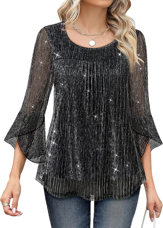 Bebonnie Women's Ruffle 3/4 Sleeve Elegant Dressy Blouses Crew Neck Double Layers Mesh Tunic Tops